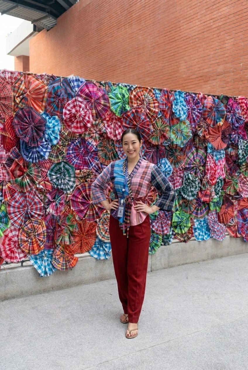 Kru Ice smiling in front of a colourful wall of traditional Thai fabric fans